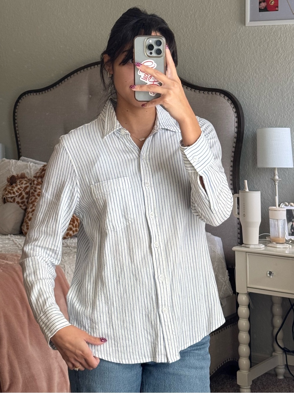 GAP White Button-Down Shirt with Thin Gray Stripes